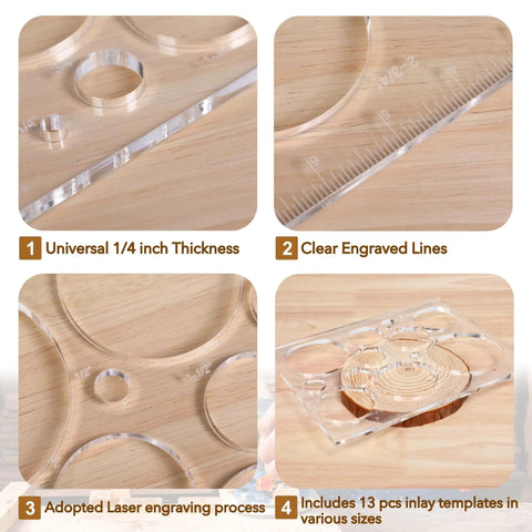 Pro Grade Router Templates for Woodworking Kit With Circle Inlay Templates and Decorative Jig 13 In 1 Acrylic Templates, Clear Laser Cut Acrylic, 10 By 7.8 Inches, One Quarter Inch Thick showing various template sizes and clear engravings on wood surface