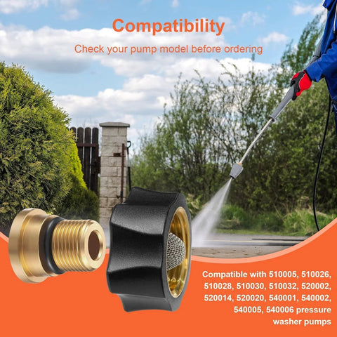 Water Inlet Fitting For Simpson High Pressure Washer Pumps With Three Eighths Inch Male End And Three Quarters Inch Female End Replacement Connector Part DZQPPC 7112362 Fits Multiple Models And Replaces Worn Inlet Connectors shown with compatibility details in an outdoor setting.