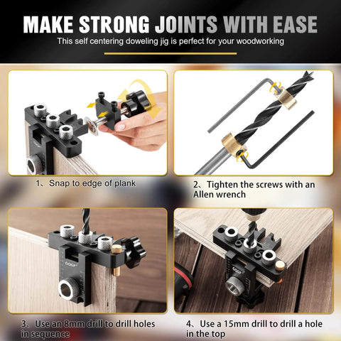 Steps of using 3-In-1 Dowel Jig Kit for precise doweling and self centering alignment with adjustable drill guides on wood.