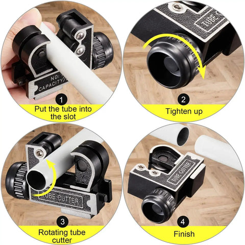 Compact Pipe Cutter Tool For Copper Brass And Aluminum Tubes 1/8 To 1-1/8 Inch 3 To 28 Mm Perfect For Plumbing HVAC And Auto DIY Projects With Easy Twist Wheel And Lightweight Handheld Design By Spurtar shown with step-by-step usage instructions.
