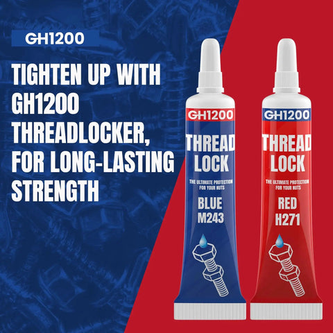 GH1200 6GX2 Pack Thread Locker Medium And Strong Strength For Nuts Bolts And Metals, blue and red tubes displayed