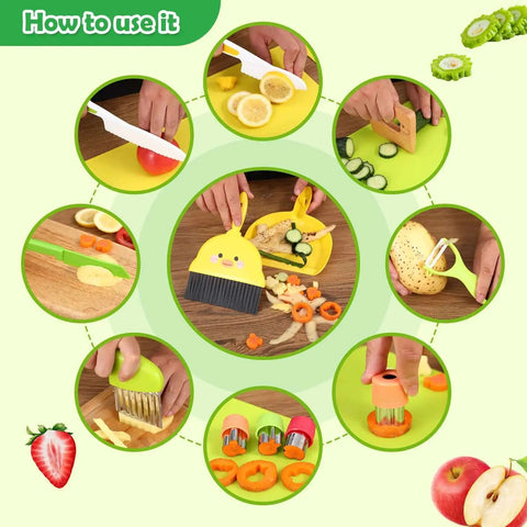 Kids Safe Kitchen Knife Set For Toddlers And Kids, 14 Piece Montessori Style Play Knife Set with various fruits and vegetables being cut.
