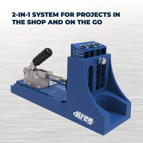 Pocket Hole Jig System With R3 Jig Drilling Guide And Dust Collection Pro Grade shown with adjustable blue body for woodworking.
