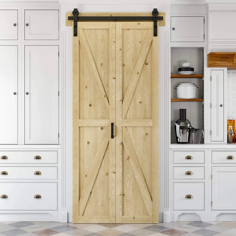Space Saving 40 Inch By 84 Inch Unfinished Pine Bi Fold Barn Door With K Shape Bifold Design in kitchen setting