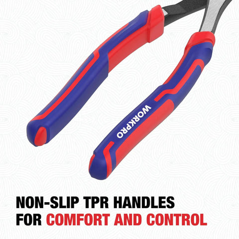 Close-up of Eight Inch High Leverage Diagonal Pliers For Wire Cutting With Precision Bevel Edges And Built Tough Pro Grade Chrome Vanadium Steel Construction Perfect For Electricians And Hobbyists Workpro showing non-slip TPR handles
