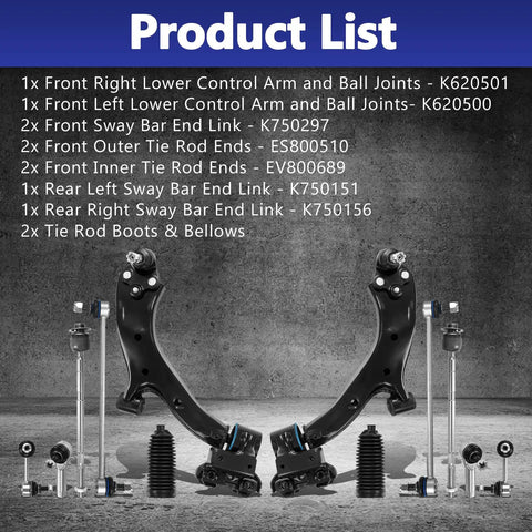 12 Piece Control Arm Replacement Kit With Ball Joint Tie Rod Boots And Sway Bar End Links For Honda CRV 2007 2011 Bolt On Suspension Upgrade shown with components visible