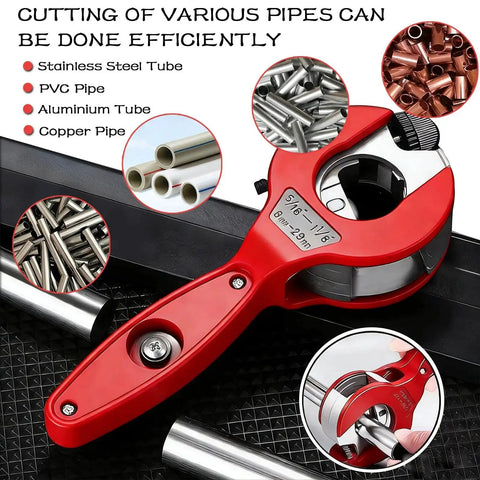 Ratcheting Tubing Cutter for Copper and Metal Pipes 5/16 to 1 1/8 Inch with Deburring Tool, red handle, cutting stainless steel pipe