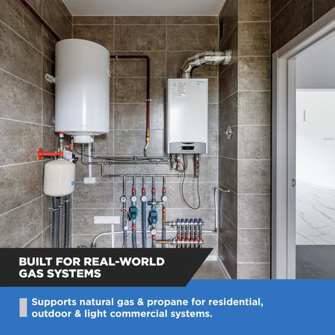 Natural gas regulator system in a utility room; white water heater, metal piping, and pressure gauges.