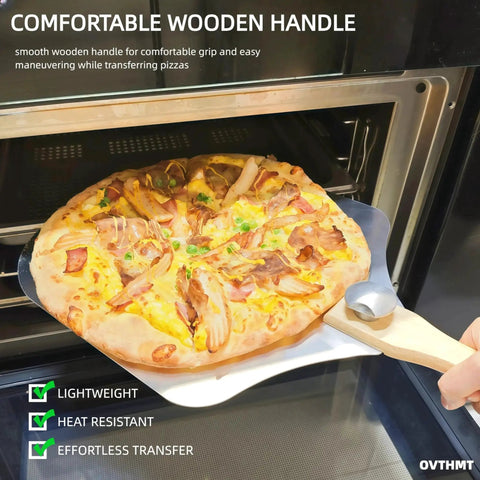Sturdy Aluminum Pizza Peel 12 By 14 Inch With Foldable Wood Handle transferring pizza from oven with comfortable grip