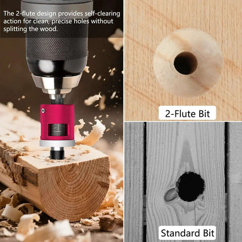 5 Piece Countersink Drill Bit Set With Adjustable Depth Stop And Quick Change Quarter Inch Hex Shank For Woodworking 82 Degree Chamfer Bits In Sizes One Eighth Nine Sixty Fourths Five Thirty Second Eleven Sixty Fourths Three Sixteenths By BURMONG showing a 2-flute bit drilling into wood.