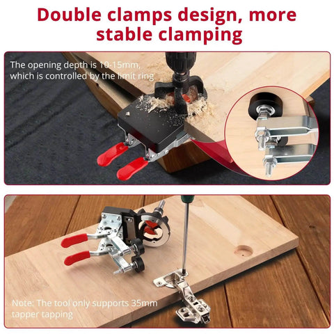 35mm Concealed Door Hinge Jig for Precise Cabinet Installations, pro-grade aluminum frame with adjustable double clamping plates.
