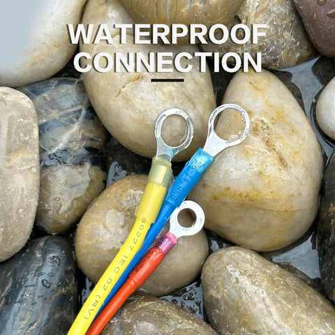 Heat shrink crimp terminal set: three ring terminals on color-coded yellow, blue, and red leads