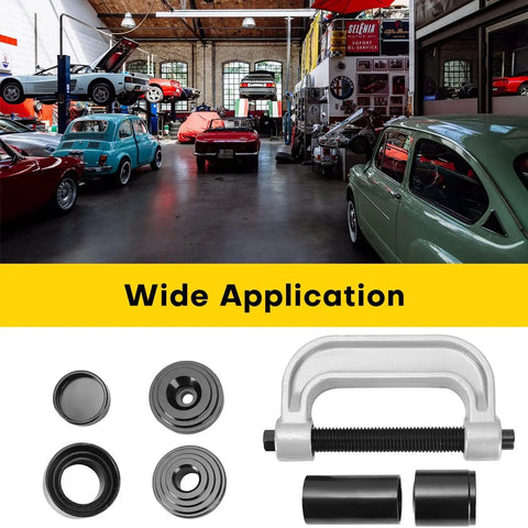 Ball Joint Press And U Joint Tool With 4x4 Adapters For Cars And Trucks in garage with classic vehicles and tool components.