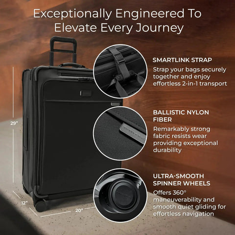 Large 29 Inch Expandable Spinner Checked Luggage For Travel With One Touch CX Compression And Four 360 Spinner Wheels Softside Rolling Bag For Men And Women Self Repairing Zipper Baseline Collection Black Briggs And Riley with smartlink strap, ballistic nylon fiber, and ultra-smooth spinner wheels.