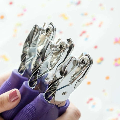 Durable Heavy Duty Hole Punch Set with handy soft grip handles, featuring star, circle, and heart shapes, ideal for scrapbooking and crafts