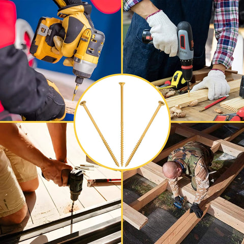 Collage of professionals using 50 Pc Deck Screws Set, 5 Inch #10 Self Drilling Wood Screws With Rust Resistant Coating outdoors.