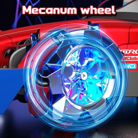 Close-up of Mecanum wheel on Two Point Four GHz Monster RC Truck With Lights And Music For Off Road Stunts One Twelfth Scale.