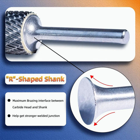 Cylindrical Radius End Double Cut Tungsten Carbide Rotary Burr Bit For Wood And Metal, close-up on shank and tip