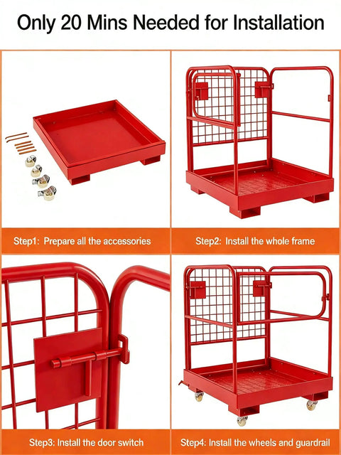 Foldable Forklift Safety Cage 1200Lbs 1-3 Person Capacity With Lockable Wheels showing assembly steps