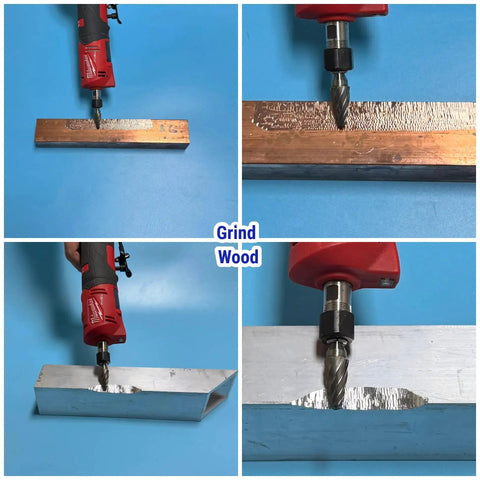 4 Pcs Pro Grade Tungsten Carbide Burr Set With 1 Quarter Inch Shank Wide Flute Aluminum Cut Die Grinder in use on metal surface