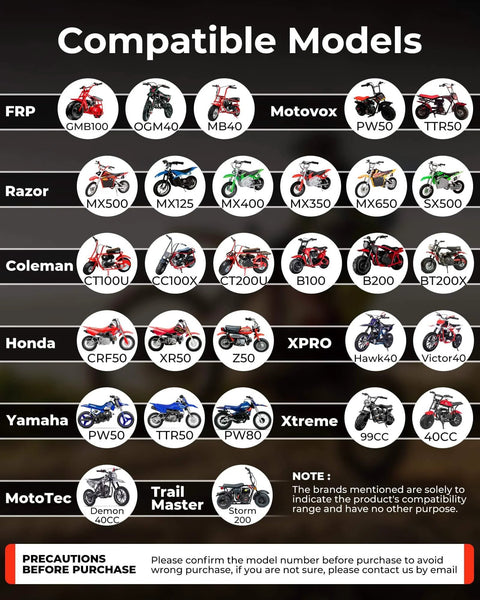 Chart showing compatible models for 4PR Dirt Bike Training Wheels Kit With Adjustable Height For Mini Bikes And Dirt Bikes