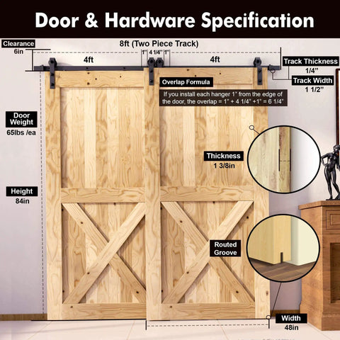 Black Rustic Single Track Bypass Sliding Barn Door Hardware Kit For Two Doors 48 Inch Wide By 84 Inch High 8 Foot Flat Track With Classic Roller And Heavy Duty Carbon Steel Build For Interior Use Only shown in detail.