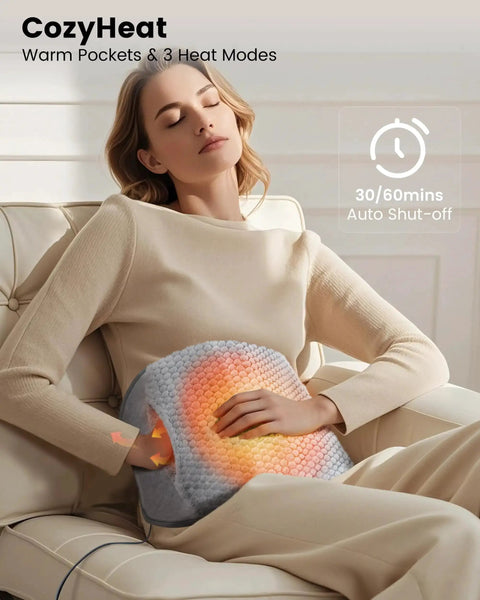 Woman using Extra Large Heating Pad With Massager For Back Pain And Cramps Auto Shut Off Corded Heated Waist Belt.