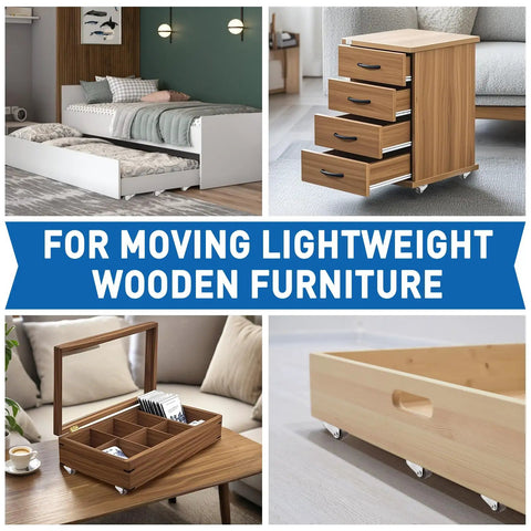 One Half Inch Small Caster Wheels Single Screw Mounting, visible under lightweight wooden furniture pieces in bedroom and living room setup