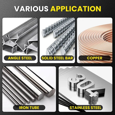Various metal applications including angle steel, solid steel bar, copper, iron tube, and stainless steel 304 illustration