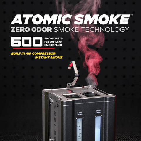 Close-up of Ventus Smoke Machine Leak Tester for EVAP and vacuum systems with built-in air compressor, emitting smoke.