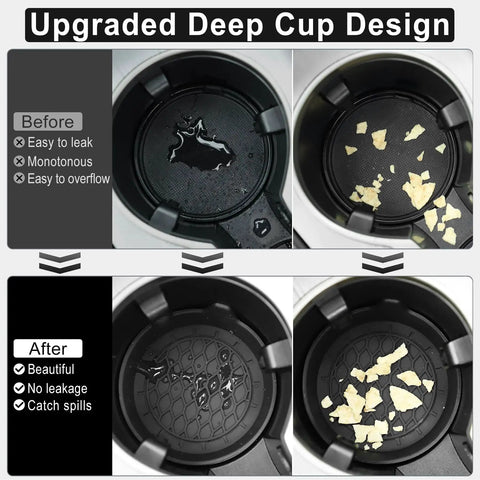 Silicone Car Cup Holder Coasters Set Of Four Universal Non Slip Inserts showing before and after use with spills and crumbs.