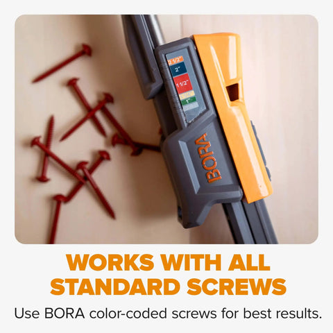 Pro Compact Pocket Hole Jig Kit With Auto Adjusting Drill Guide shown with color-coded size settings.