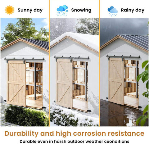 Exterior Sliding Barn Door Hardware Kit Box Rail Track Set For Outdoor Use Heavy Duty 450 Pound Capacity Wall Mount Kit Beefed Up And Ready For Double Thirty Inch Doors in various weather conditions