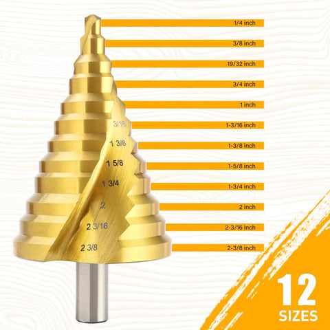 12 Step Spiral Groove Drill Bit Set In High Speed Steel From One Quarter Inch To Two And Three Eighths Inch With Quick Change One Half Inch Shank