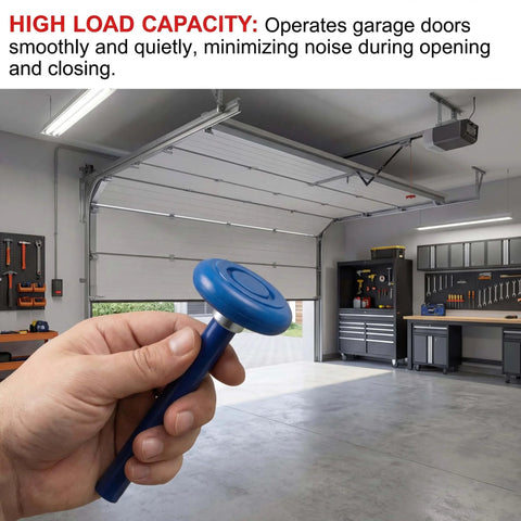 Hand holding a blue 10 Pack 4 Inch Stem Blue Quiet Garage Door Roller With Sealed End Cap Fits 2 Inch Track Seven Sixteenth Inch Stem Carbon Steel With Nylon Overmold And Reinforced Nylon Wheel For Smooth Low Vibration Operation.