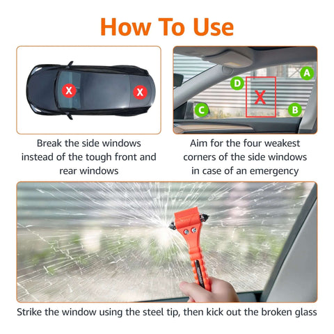 Demonstration of Emergency Window Breaker And Seatbelt Cutter Tool For Cars 2 Pack With Tungsten Double Head Hammer used on car window