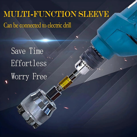 Side view of universal socket sleeve adapter attached to blue cordless drill for 3/8 inch drive