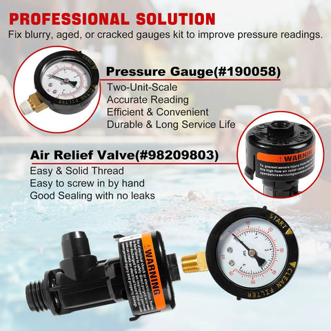 Pool filter pressure gauge and manual air relief valve assembly; black body with brass threaded adapter.