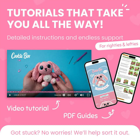 Beginner Crochet Kit Gift Set For Crafting Bunny Lola Amigurumi Plushie Easy DIY Crochet And Knitting Starter Includes Full Video Tutorial And PDF Guides with video tutorial and PDF guides displayed.