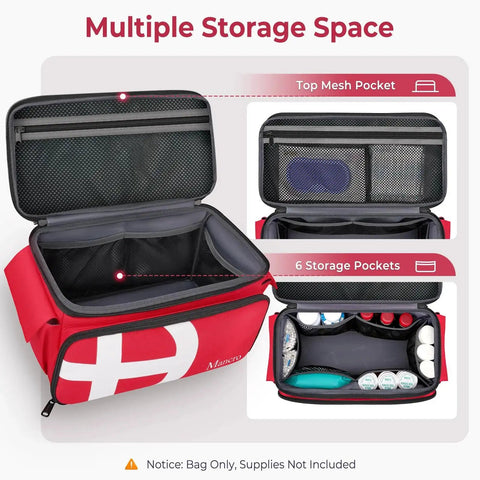 Open red medical travel bag showing 12 pockets and spacious compartments, highlighting storage for medical supplies, titled Large Capacity Medical Travel Bag With 12 Pockets And Pill Bottle Organizer For Easy Organization On The Go And Home Storage Trauma Bag For EMTs Nurses And Doctors Emergency Bag For Medicine And Medical Supplies.