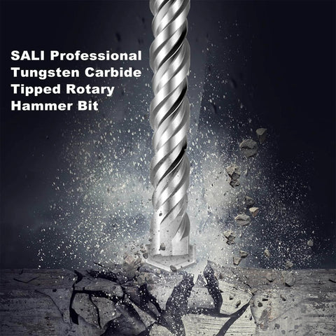 Close-up of One Quarter Inch By Four Inch Rotary Hammer Drill Bits Set in action, concrete cracking, tungsten carbide tip.