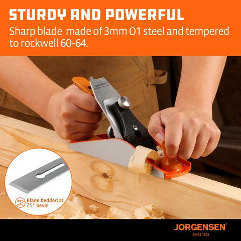 Pro Grade 10 Inch Wood Plane For Smoothing And Trimming With A Durable Ductile Iron Body And Adjustable Cutting Depth O1 Tool Steel Blade Ready To Sharpen For Long Lasting Woodworking Projects Great For Professionals And Hobbyists Jorgensen No 4 being used to plane a wooden surface.