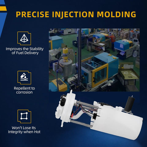Drop In Replacement In Tank Fuel Pump For 2000 2005 Chevy Impala Monte Carlo Buick Century Regal Oldsmobile Intrigue Pontiac Grand Prix V6 Engines 3.1L 3.4L 3.5L 3.8L with precise injection molding machinery in background.