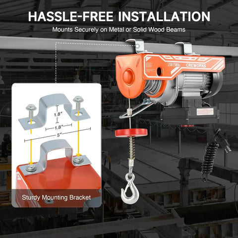 2500Lb Wireless Electric Hoist With Remote 39Ft Lift Height 1800W Ceiling Winch installed in industrial setting