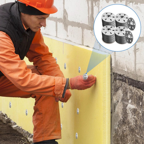Stainless steel flat washers for screws, 1-1/8 in, 304 stainless, shown with foam board insulation panel installation