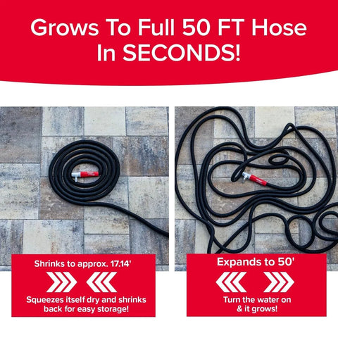 Expandable 50 Ft Garden Hose With Turbo Shot Nozzle For Quick Water Flow From Pocket Hose Silver Bullet Two Point Zero shown coiled and extended.