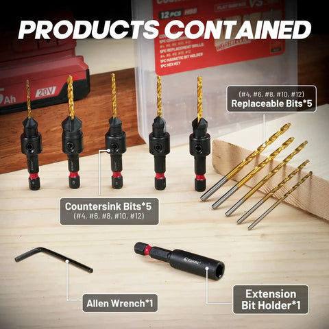 Smooth Countersink Drill Bit Set For Woodworking With Magnetic Extension Holder, 12 Piece, Sizes 4 6 8 10 12, Includes Storage Box