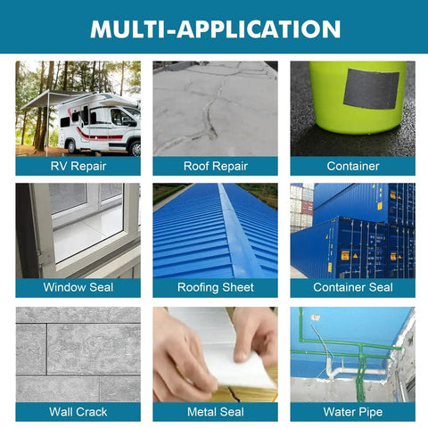 Multi-application showcase of Outdoor Waterproof TPO Butyl Tape use in RV, roofing, windows, containers, walls, and pipes.