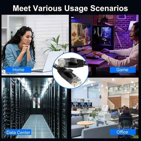 Collage showing home, game, data center, and office scenarios with Cat6 Ethernet Cable 10 Ft Flat 5 Pack Snagless RJ45 Connectors
