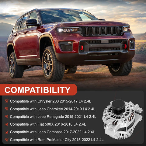 160A 12V High Output Alternator for 2.4L Chrysler 200 2015 2017 Fiat 500X 2016 2018 Jeep Cherokee Compass Renegade 2014 2018 and Ram ProMaster City 2015 2022 Replaces 56029624AB 56029624AC A002TX3581ZE A2TX3581ZE compatibility chart with SUV